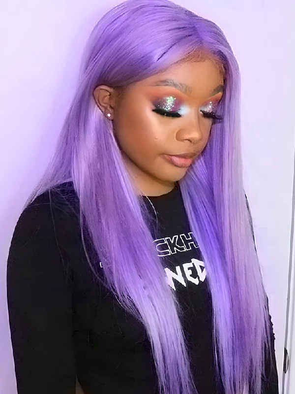 Colored wig with a pre - bleached knot for a natural - looking scalpCurlyMe Purple Color Straight Virgin Hair 13x4 Lace Front Wigs