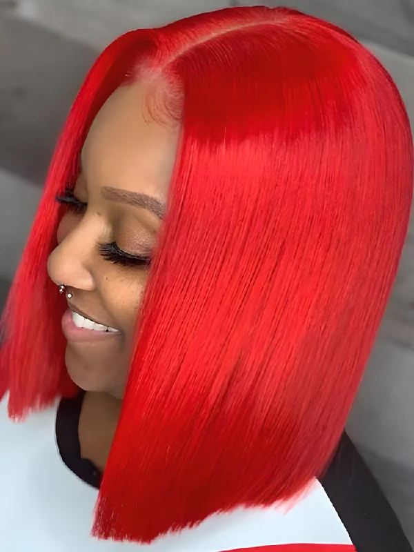 Colored wig with a 150 - density for a full and thick appearanceCurlyMe Hot Red Color Cheap Bob Wigs Straight Hair Lace Front Wigs