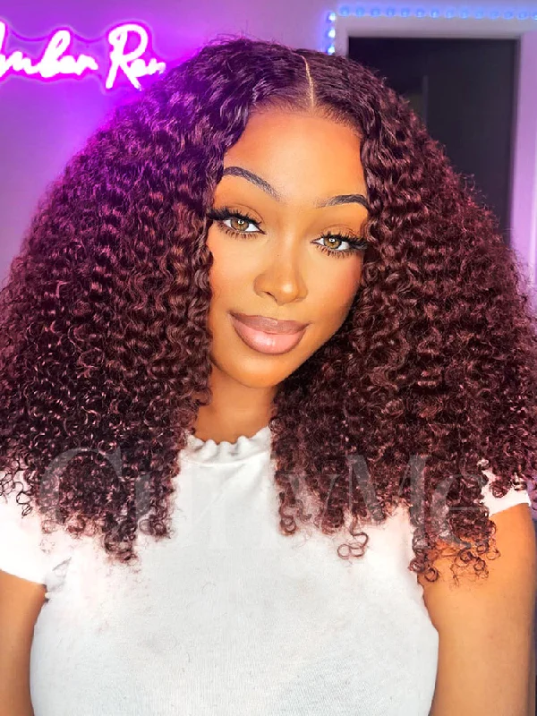 Colored wig with a side - swept bang for a sophisticated lookCurlyMe Pre-Plucked Wear Go Glueless Reddish Brown Kinky Curly Hair Pre-cut Lace