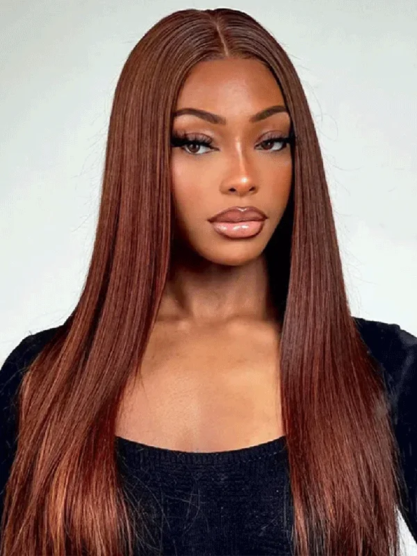 Colored wig with a natural - looking root for a more realistic lookCurlyMe Pre-Plucked Wear Go Glueless Reddish Brown Straight Hair Pre-cut Lace