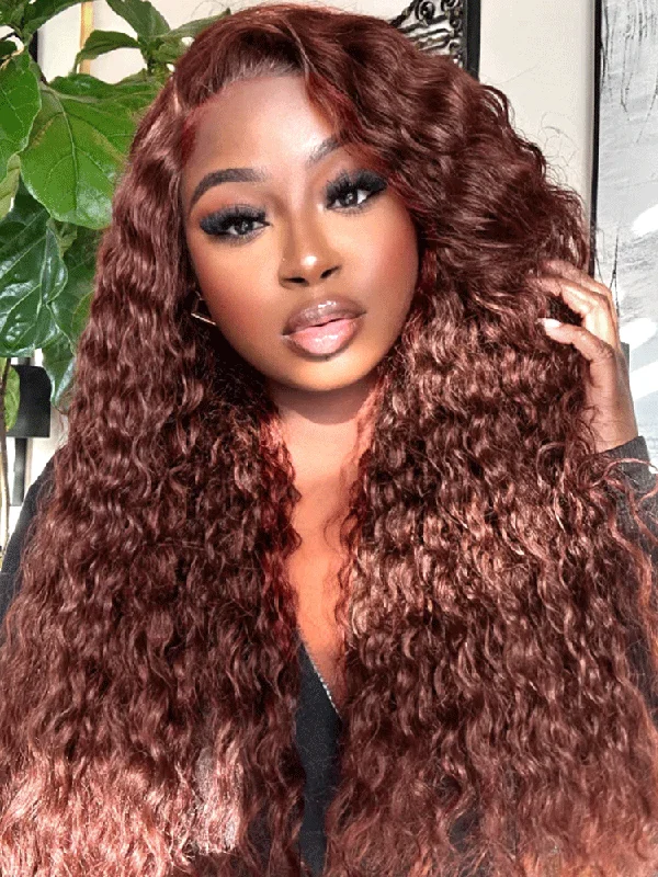 Colored wig with a 150 - density for a full and thick appearanceCurlyMe Pre-Plucked Wear Go Glueless Reddish Brown Water Wave Hair Pre-cut Lace