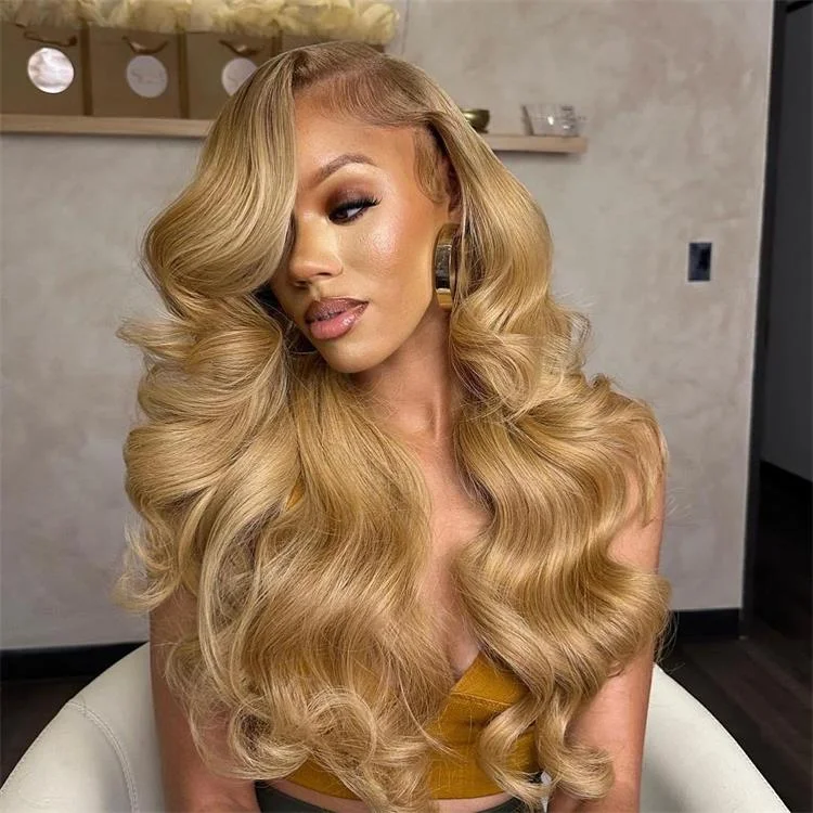 Colored wig with a middle - part for a classic and elegant styleWear & Go - Glueless Wigs Honey Blonde 6x4.5 Lace Front Wigs #27 Straight Human Hair Wigs 180% Density