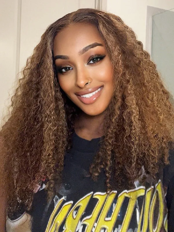 Colored wig with a wispy fringe for a soft and feminine lookCurlyMe Wear Go Glueless Highlights Ombre Hair 7x5 Pre-cut Swiss Lace Kinky Curly Wig