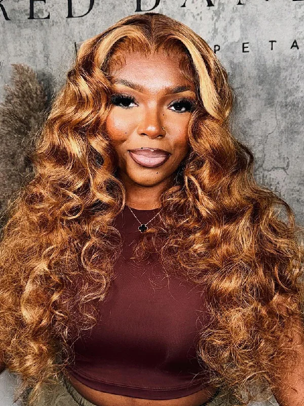 Colored wig with a natural - looking root for a more realistic lookCurlyMe Highlights Ombre 7x5 Swiss Lace Wear Go Wand Curl Glueless Wigs Pre Cut Lace Wig