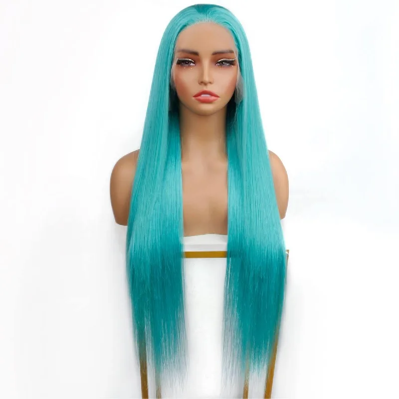 Lace wig with a silk - base cap for a comfortable and smooth feelAqua Blue Straight 13x4 Transparent Lace Front Wig