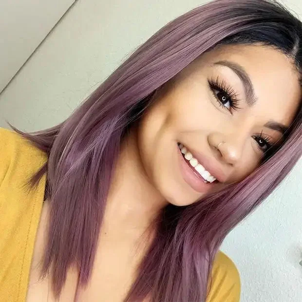 Human - hair wig with a wispy fringe for a soft and feminine lookAsh Violet Pink Brazilian Ombre Human Hair Lace Front Wig