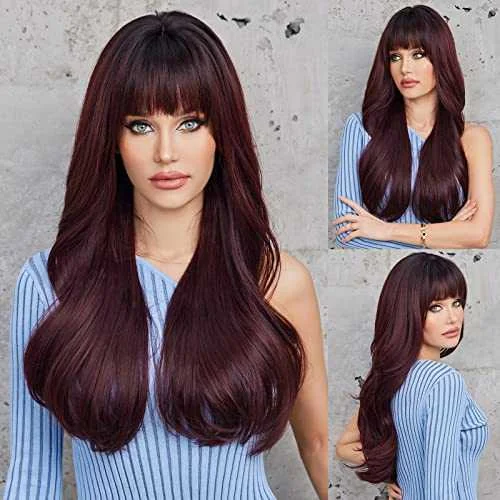 Human - hair wig with a silk - base cap for a comfortable and smooth feelAuburn Ombre Wine Color Wigs with Bangs