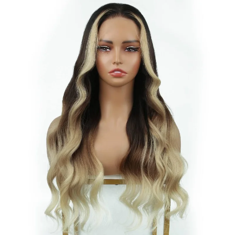 Lace wig with a middle - part for a classic and elegant styleRaw Blonde Balayage Wavy 13x6 HD Lace Front Wig