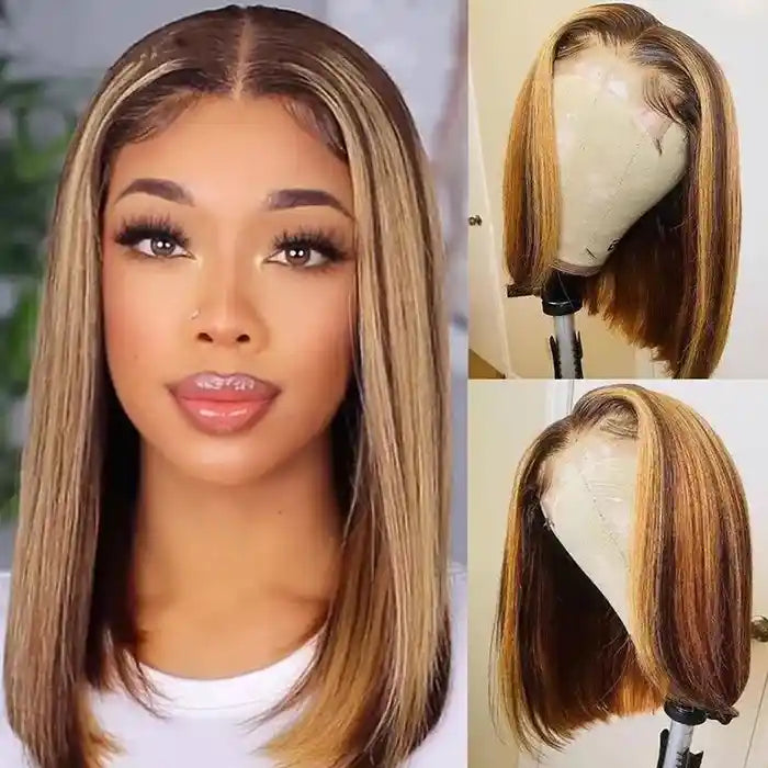 Lace wig with a 200 - density for a full and thick appearanceHigh Light Honey Blonde Bob Wig Style Piano Highlights Color 13x4/13x6 HD Transparent Straight Short Bob Wigs