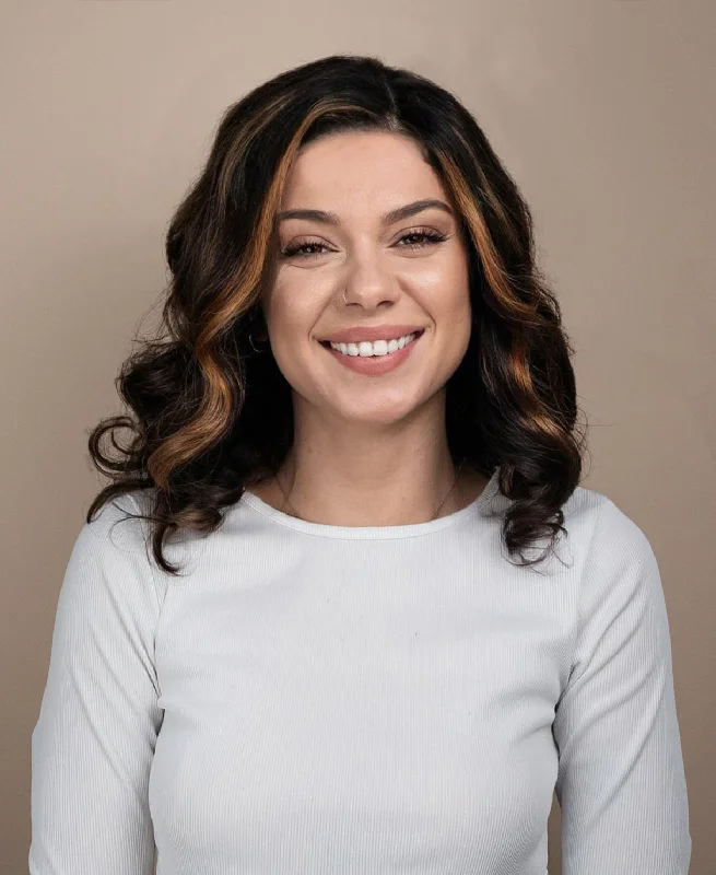 Lace wig with a side - part for a more flattering lookbouncy curls human wig - 10" bronzed highlights.