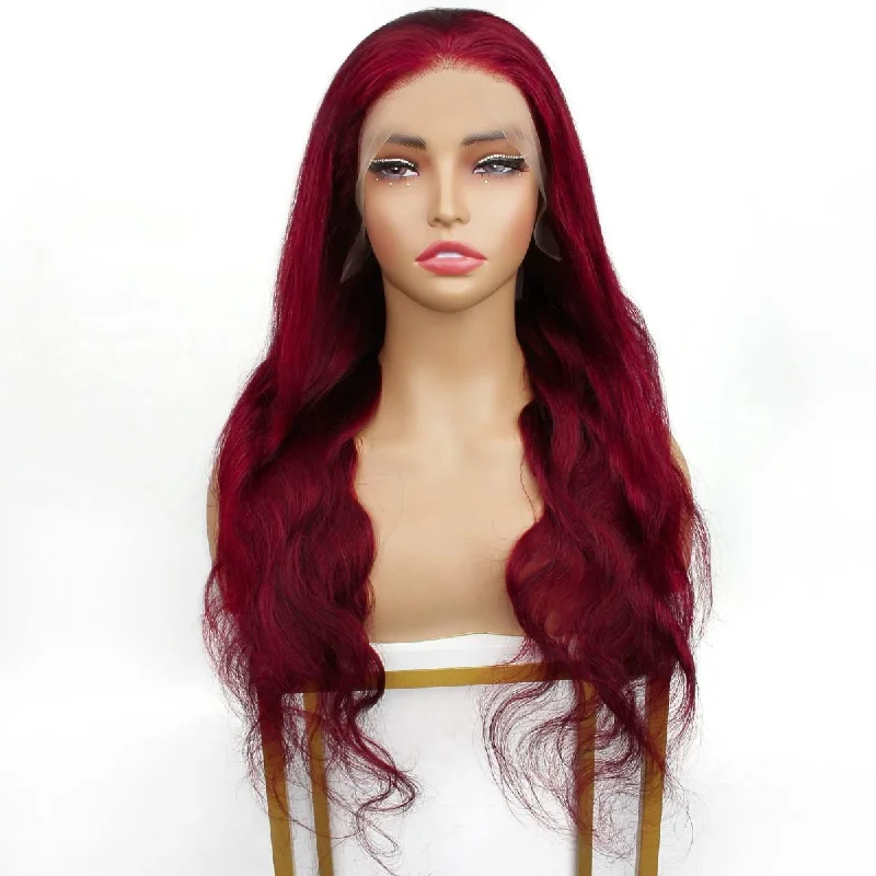 Lace wig with a honey - blonde color for a warm and sunny appearanceBurgundy Body Wave 13x4 Transparent Lace Front Wig