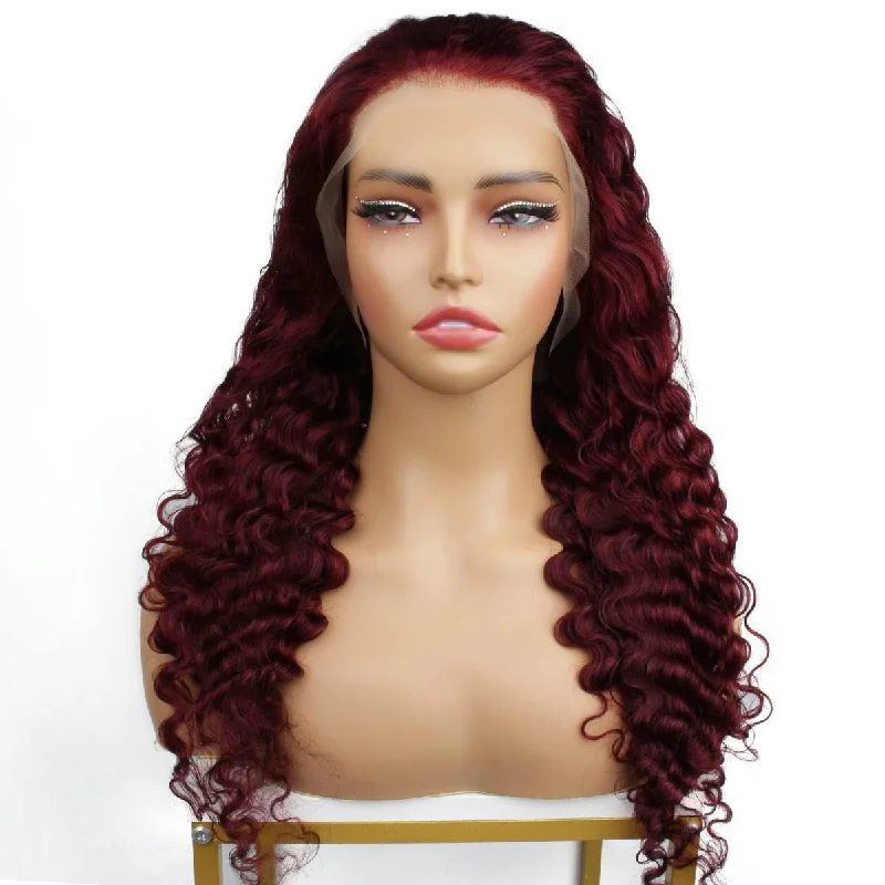 Lace wig with a wavy texture for a beachy lookBurgundy Deep Wave 13x4 Transparent Lace Front Wig