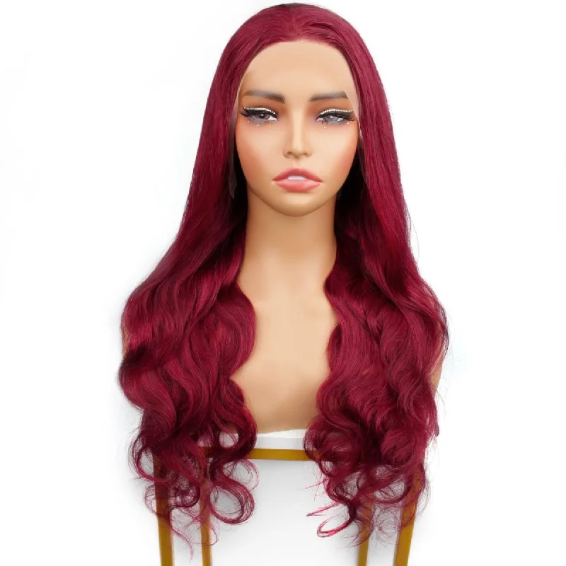 Lace wig with a pre - plucked hairline for a more natural lookCherry Red Body Wave 13x4 Transparent Lace Front Wig