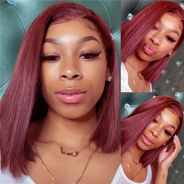 Lace wig with a side - swept bang for a sophisticated lookVirgin Hair Straight Full 99J Bob Wig 13x4 Transparent Lace Wig Burgundy