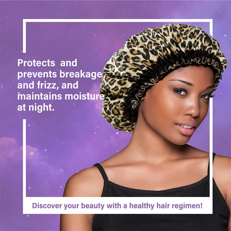 Lace wig with a pre - bleached knot for a natural - looking scalpFIRSTLINE EVOLVE Black Cheetah Satin Reversible Bonnet #668