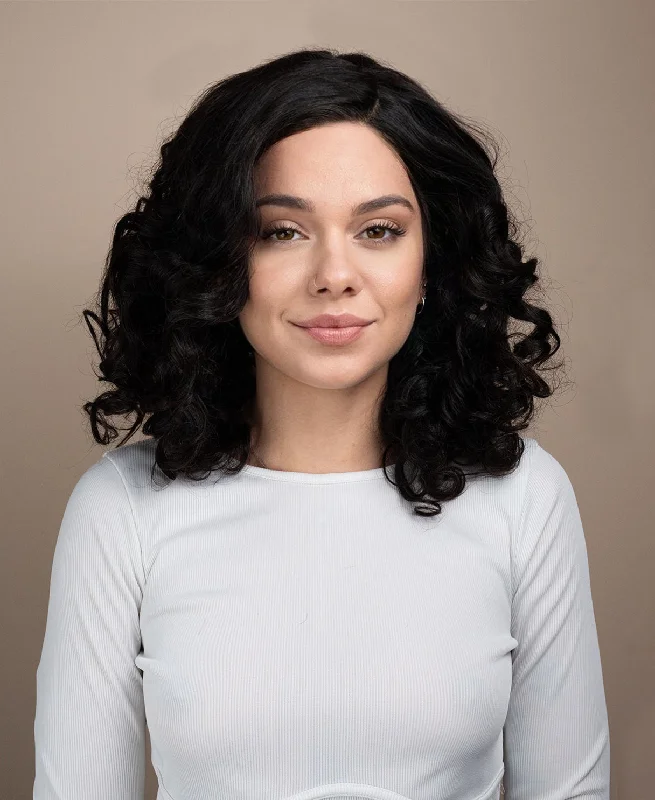 Lace wig with a wispy fringe for a soft and feminine looklace front human wig - 16" 3a curly natural black.