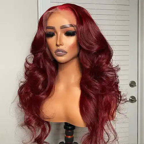 Lace wig with a wispy fringe for a soft and feminine look99J Burgundy Wig Wavy 13x4 Transparent HD Lace Frontal Wigs Wine Body Wave