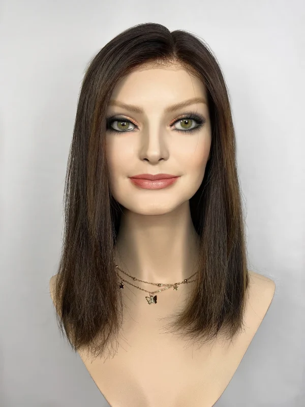 Bob wig in a jet - black color for a classic appearanceHighline Lace Top Wig, "Dimensional Browns with Dark Root" (R1768)