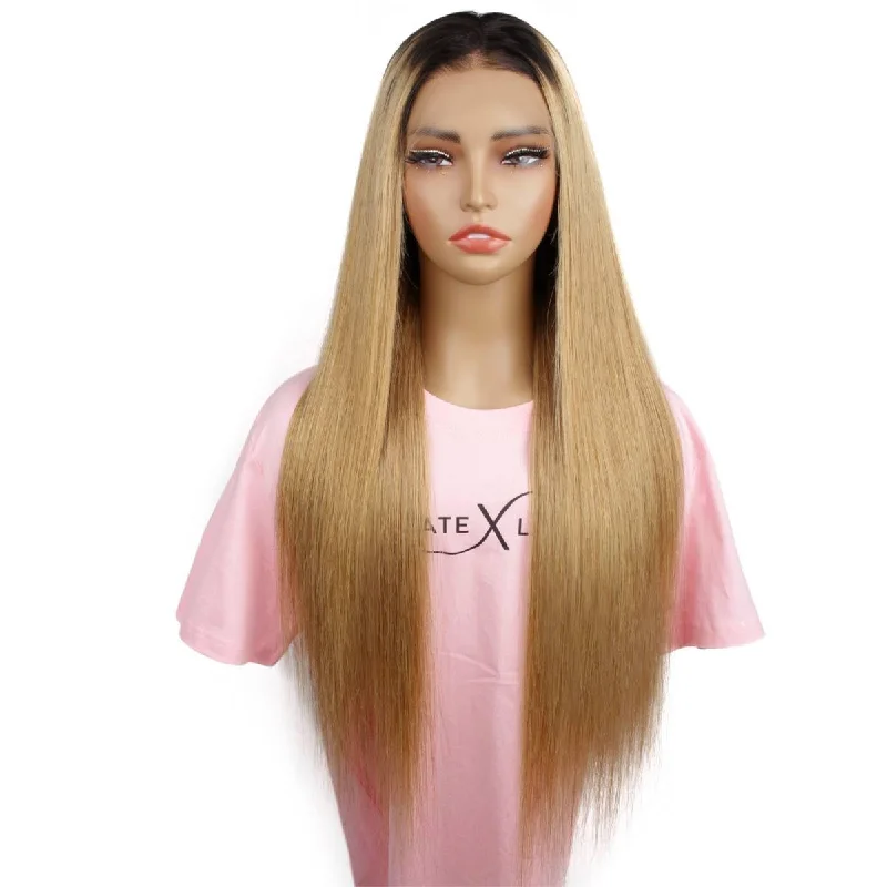 Synthetic lace wig with a heat - resistant formulaHoney Blonde Ombre Straight 13x4 HD Lace Front Wig