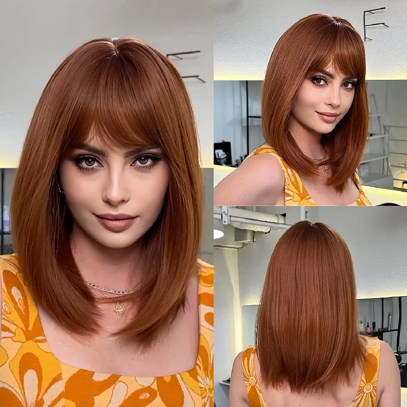 Human - hair wig with a straight texture for a sleek and minimalist lookHuman Hair Auburn Wig with bangs