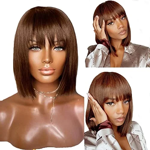 Human - hair wig with a pre - plucked hairline for a more natural lookHuman Hair Light Yaki Straight Bob Wig with Layered Bangs