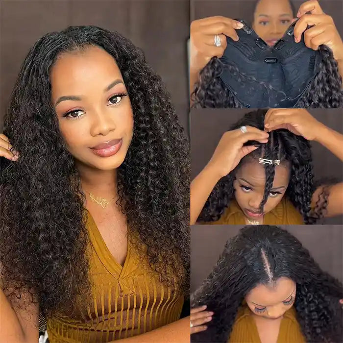 Lace wig in a chocolate - brown color for a rich and warm appearanceRaw Hair/Virgin Hair 0 Skill Needed Kinky Curly V Part Wig Beginner Friendly Natural Scalp