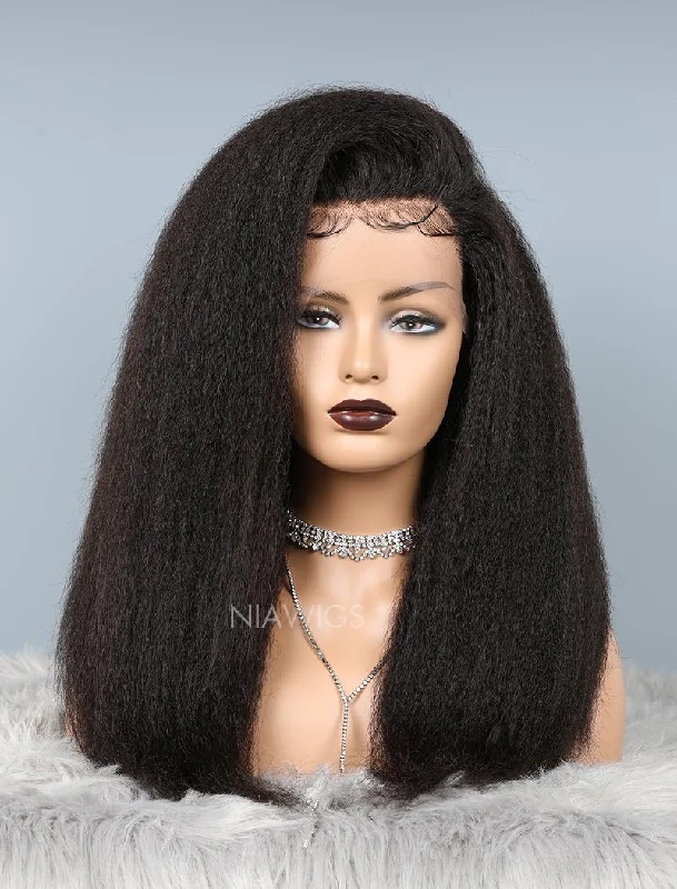 Lace wig with a pre - bleached knot for a natural - looking scalpKinky Straight Glueless Full Lace Wig Thicker Human Hair Wigs