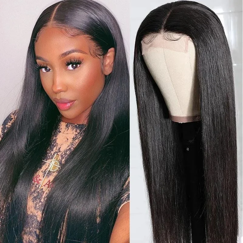 Lace wig in a chocolate - brown color for a rich and warm appearance$100 OFF| Code: SAVE100 Klaiyi Straight Hair 4x1 Hand Tied Lace Part Wig 100% Virgin Human Hair Pre-plucked Natural Hairline