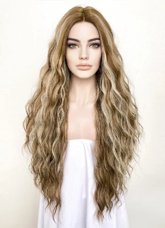 Lace wig in a chocolate - brown color for a rich and warm appearanceBrown With Blonde Highlights Curly Lace Front Synthetic Wig LF3289