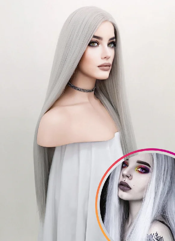 Lace wig with a natural - looking root for a more realistic lookStraight Yaki Silver Grey Lace Front Synthetic Wig LF624N