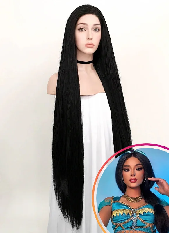 Lace wig with a side - swept bang for a sophisticated lookStraight Yaki Jet Black Lace Front Synthetic Wig LF701R