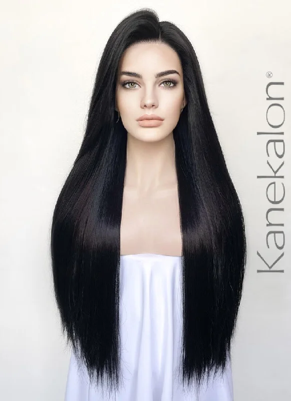 Lace wig with a side - part for a more flattering lookBlack Straight 13" x 6" Lace Top Kanekalon Synthetic Hair Wig LFS018