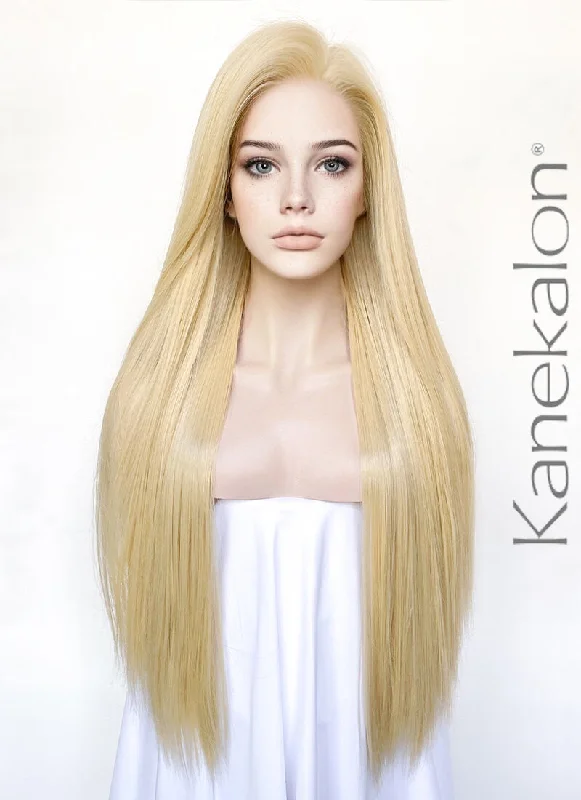 Lace wig with a honey - blonde color for a warm and sunny appearanceBlonde Straight 13" x 6" Lace Top Kanekalon Synthetic Hair Wig LFS019