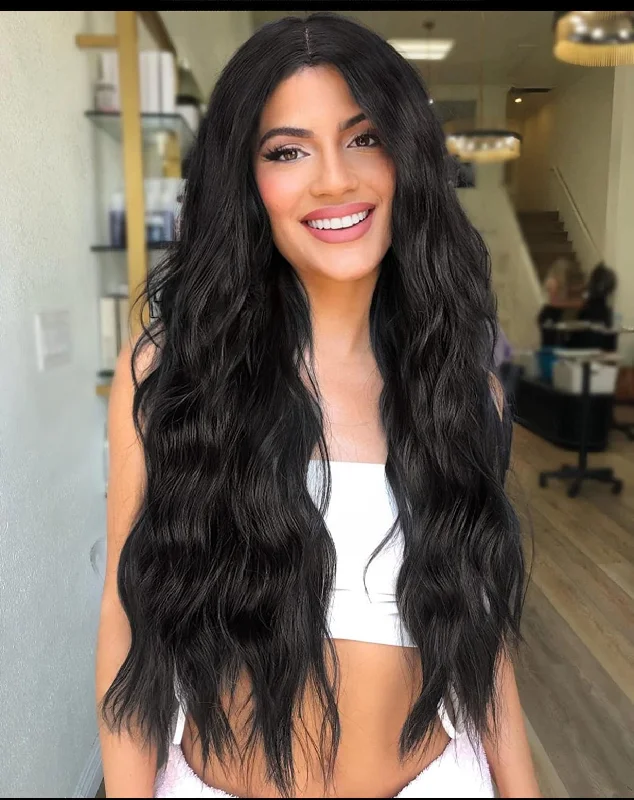 Human - hair wig with a 180 - density for a full and thick appearanceLong Wavy Black Human Hair Wig, Remy Full Lace