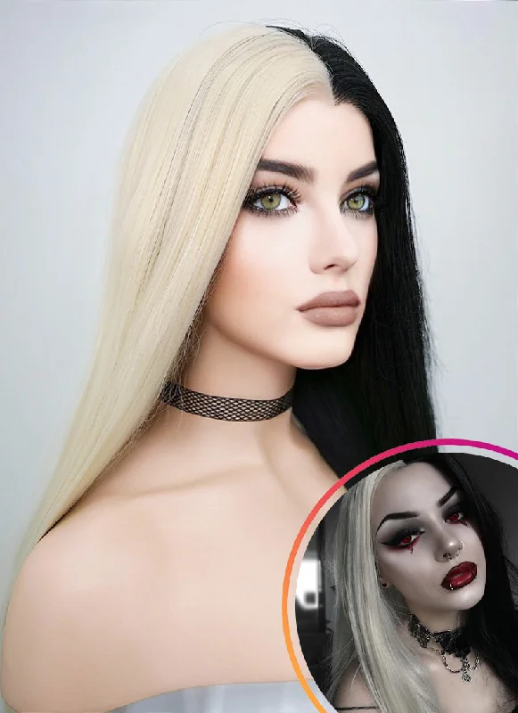 Synthetic lace wig with a heat - resistant formulaStraight Light Blonde Black Split Gemini Color Lace Front Synthetic Wig LW1531