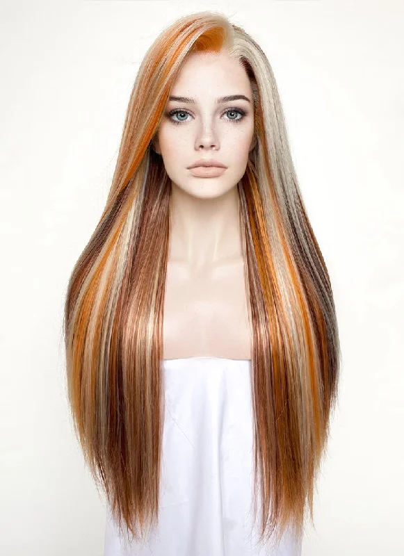 Lace wig with a silk - base cap for a comfortable and smooth feelBrown Straight Synthetic Lace Front Hair Wig With Blonde Copper Highlights LW4024