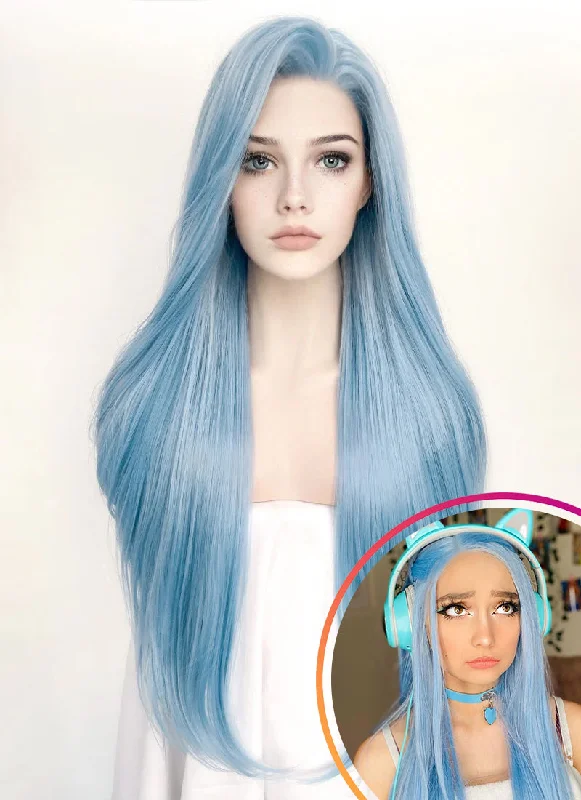 Lace wig with a 13x4 lace frontal for a wide - parting areaPastel Blue Straight Lace Front Synthetic Wig LW769B