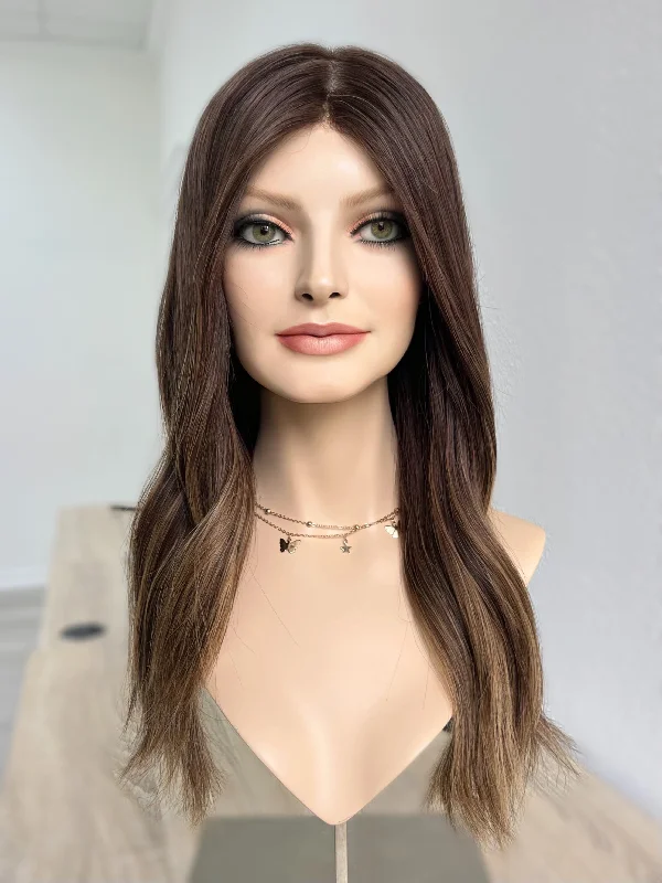 Bob wig with a pre - plucked hairline for a more natural lookMilano Silk Top Wig, "Dark Brown Balayage" (R2082)