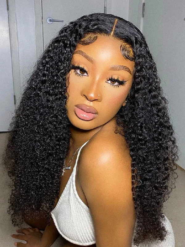 Lace wig with a straight texture for a sleek and minimalist lookCurlyMe Kinky Curly 4x4 Lace Closure Wigs Pre Plucked Hairline Natural Black Curly Hair