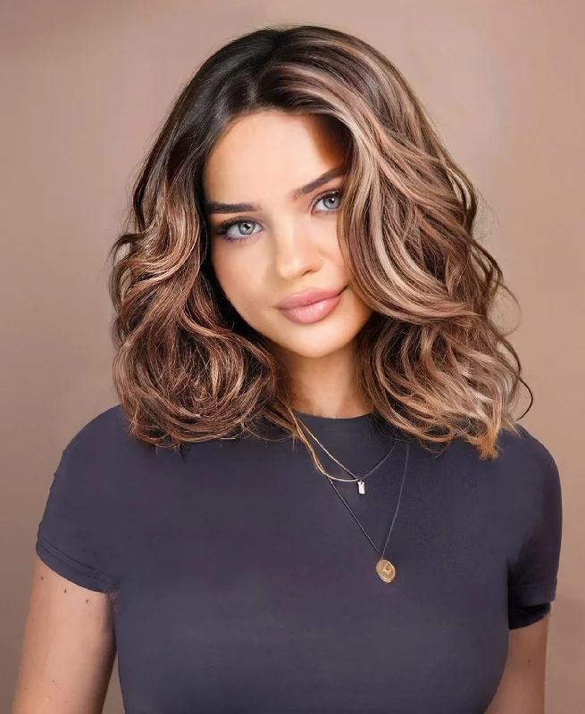 Lace wig with a straight texture for a sleek and minimalist lookput on & go pre-cut lace wavy human wig - 14" bronzed highlights.