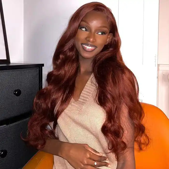 Lace wig with a straight texture for a sleek and minimalist lookReddish Brown Wig Wavy 13x4/13x6 Lace Frontal Wig Body Wave Dark Auburn Copper Color HD Transparent Wigs