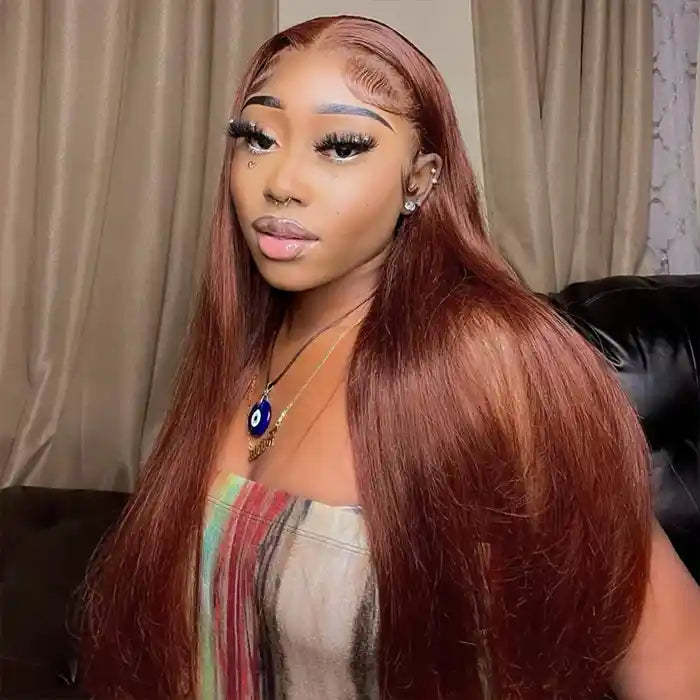 Lace wig with a side - swept bang for a sophisticated lookRed Reddish Brown Straight Human Hair Wig Dark Auburn Copper Color For Dark Skins 13x4/13x6 HD/Transparent Lace Frontal Wigs