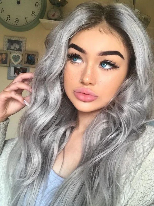 Human - hair wig with a wispy fringe for a soft and feminine lookSilver Gray Rooted Human Hair Lace Wig