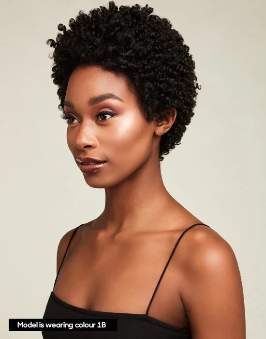 Lace wig in a chocolate - brown color for a rich and warm appearanceFeme Afro Lace Wig - Super Coiled Pixie