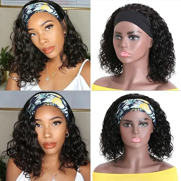 Lace wig with a side - swept bang for a sophisticated lookVirgin Hair Water Wave Hair Headband Bob Wigs Scarf Headband Bob Wig