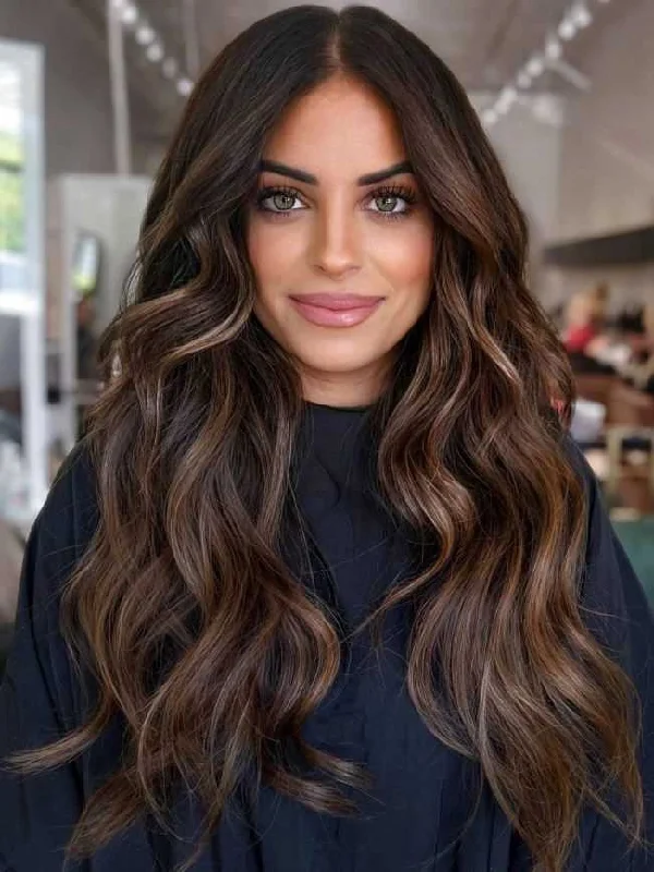 Malaysian - human - hair wig with a smooth and silky textureMeena  Human Hair Wig - Long Chocolate Brown with Highlights