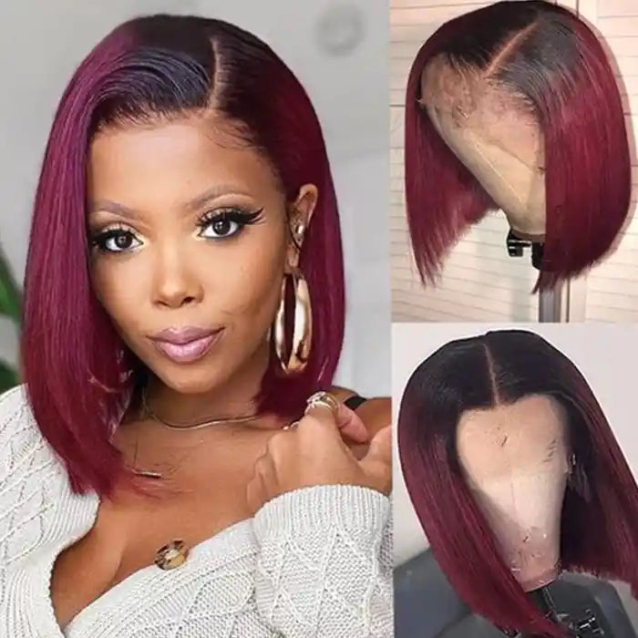 Full - lace wig with a natural - looking hairline for a seamless appearanceVirgin Hair Straight 1B/99J Bob Wig Flash Sale Blunt Cut Wine Color Wig Bob Pre-Cut Lace Wigs