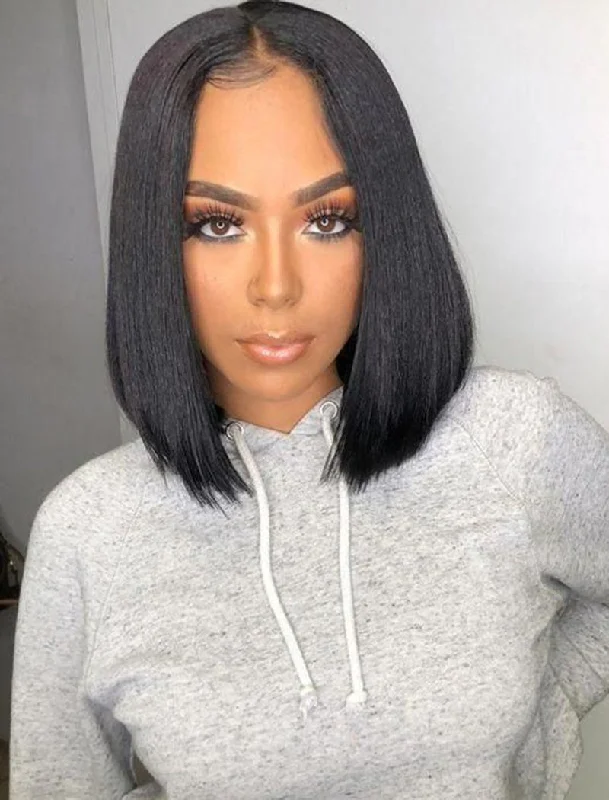 Lace wig in a chocolate - brown color for a rich and warm appearanceYaki Straight Bob Human Hair Glueless Full Tied Wigs With Removeable Bands