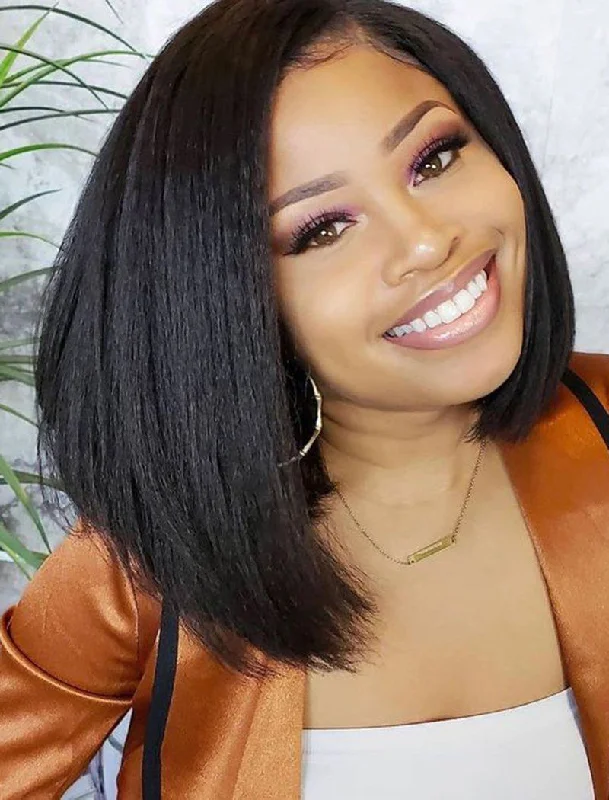 Full - lace wig with a natural - looking hairline for a seamless appearanceYaki Straight Short Bob Human Hair Glueless Full Lace Wigs