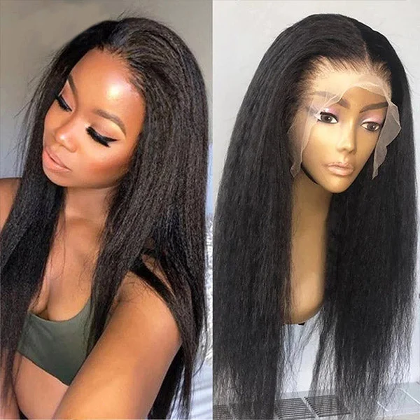 Lace wig with a wispy fringe for a soft and feminine lookHairsmarket Glueless Wigs 13x4 Lace Front Wigs Kinky Straight Human Hair Wig